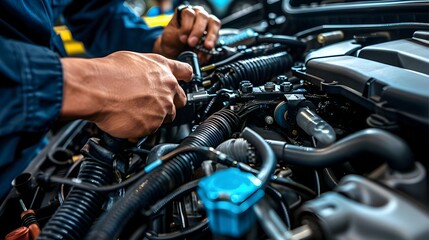 Close-up of Mechanic's Hands Checking Engine Vacuum Lines During Essential Vehicle Maintenance