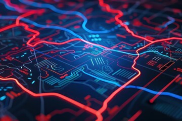 A conceptual image of a digital map interface with neonlit waypoints and data overlays, perfect for a banner with ample copy space