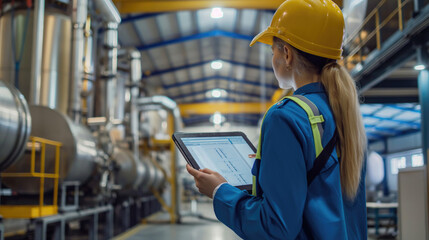 Female engineer analyzing data on a tablet in an industrial factory setting. Concept of industrial technology and modern manufacturing processes. Industrial technology background.