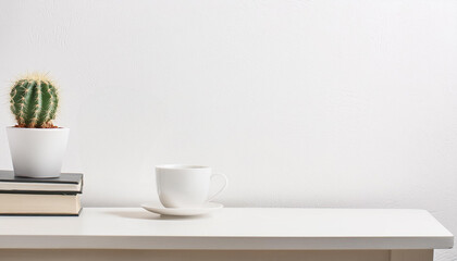 mockup of a stack of books next to a potted plant on a white empty wall background