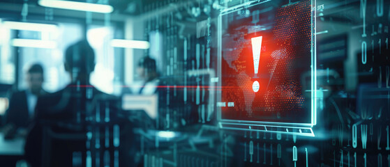 A digital close-up of an online security warning symbol on the screen, indicating some kind of hacker attack