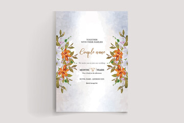 WEDDING INVITATION FRAME WITH FLOWER DECORATIONS AND FRESH LEAVES 