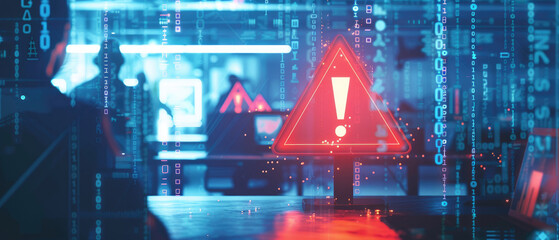 A digital close-up of an online security warning symbol on the screen, indicating some kind of hacker attack