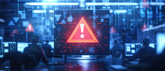 A digital close-up of an online security warning symbol on the screen, indicating some kind of hacker attack