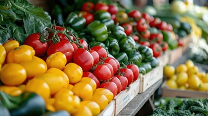 Colorful produce and seasonal vegetables displayed at a lively market stall, creating an inviting and healthy atmosphere