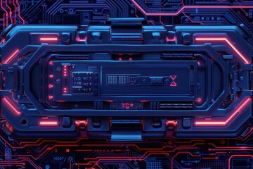 A detailed depiction of a hightech mystery box with neon lights and circuits, ideal for a banner with space for copy