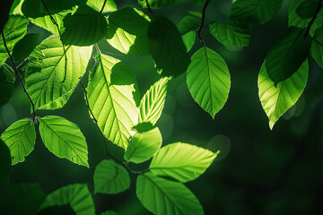 Fototapeta na wymiar Sunlight streaming through vibrant green leaves, casting soft shadows and highlights