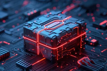 A detailed depiction of a hightech mystery box with neon lights and circuits, ideal for a banner with space for copy