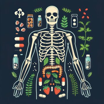 A detailed illustration of integrative medicine combining traditional and cyber health techniques, ideal for a banner with space for copy