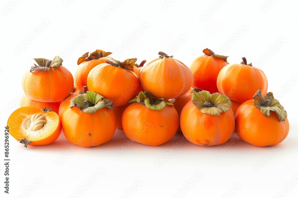 Wall mural ripe persimmons with leaves isolated on white background, organic farm tropical fruit, fresh and del