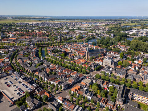 Aerial drone photo of the historic city center of Weesp in the Netherlands