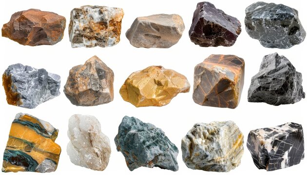 Different unpolished rocks with names isolated on a white background