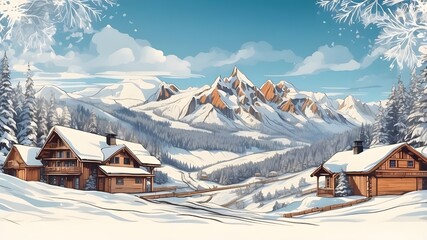 Wide banner for winter sports and holiday activities with snowboards with village drawing design, snow lodge, and forest background with copy space