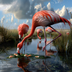  a flamboyance of pink flamingo in the water searching for their favorite meal of shrimp, close up
