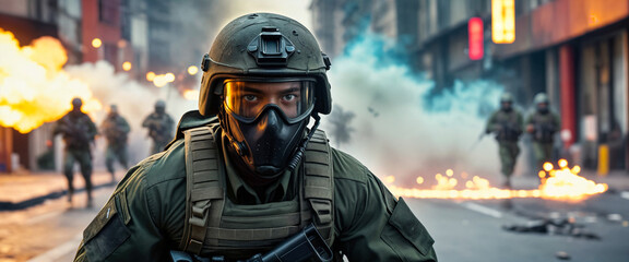 Obraz premium A soldier in army gear with a weapon runs through the streets of a big city with explosions, fire and smoke, where riots, rallies