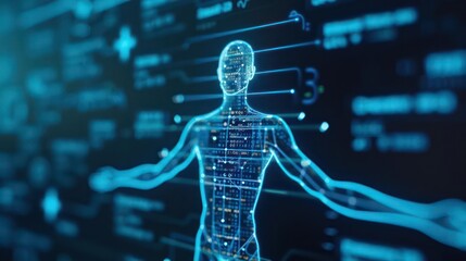 A digital representation of a human body with holographic overlays showing medical diagnostics, isolated with room for text on a clean background
