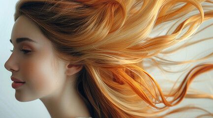 A woman with a happy face expresses sophistication and elegance. A woman's hair is a flowing fabric. Generative AI.