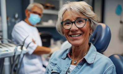 Obraz premium Happy senior woman sitting in the dental chair and smiling 