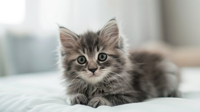 Adorable fluffy gray kitten with big green eyes on white surface Smiling pet with room for text - Powered by Adobe