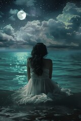 A young woman sits on the edge of the water, staring out at the moonlit ocean