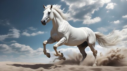 A wild white horse leaps in a dynamic motion while leaving trailing lines, combining matte painting and digital 3D illustration.