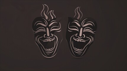 The black and white vector logo depicts two theater masks, one mask is laughing with black lines, the other has a sad expression with black lines. The logo is in the style of two masks