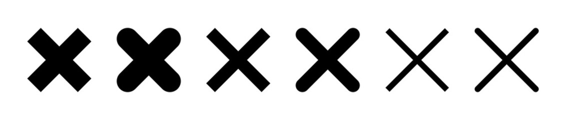 Black cross x vector icon set. No, wrong symbol. Cancel icon set. Ban sign vector illustration. Delete, vote sign. Black cross sign set. Wrong mark collection. Black cross X symbol.