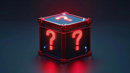 A futuristic mystery box with holographic question marks, isolated with room for text on a clean backdrop