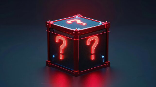 A futuristic mystery box with holographic question marks, isolated with room for text on a clean backdrop