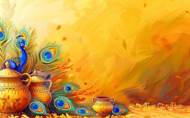Happy Krishna Janmashtami concept. Pot with milk, bansuri and peacock feathers on a orange background. Traditional cartoon holiday greeting card