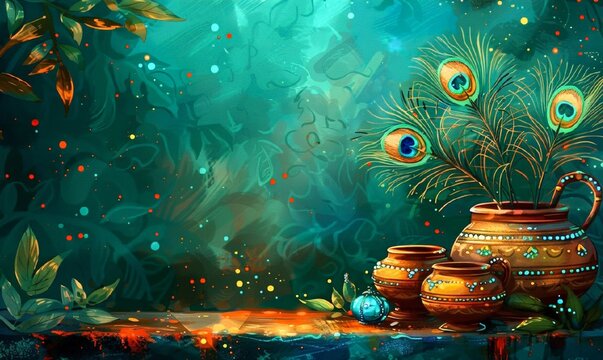 Happy Krishna Janmashtami concept. Pot with milk, bansuri and peacock feathers on a orange background. Traditional cartoon holiday greeting card - Powered by Adobe