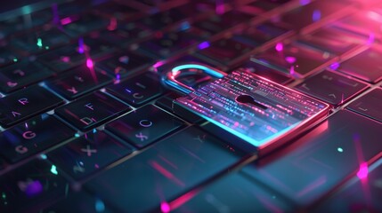 A metallic padlock symbolizing cybersecurity rests on an illuminated keyboard, representing digital security in a technological environment.
