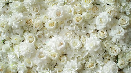 A stunning full-frame image of white roses in bloom, creating a soft, romantic, and delicate floral background perfect for various uses. © JR-50