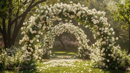 Fototapeta premium A picturesque garden scene with beautiful white rose arches, perfect for a wedding or romantic outdoor setting.