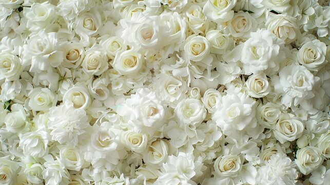 A stunning full-frame image of white roses in bloom, creating a soft, romantic, and delicate floral background perfect for various uses.