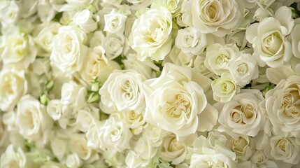 Obraz premium Close-up of a lush, white rose flower background, perfect for wedding, love, and romance themes. Beautiful, elegant, and timeless floral arrangement.