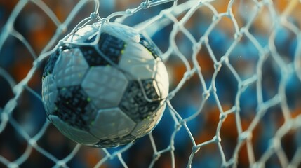 Close-up of a soccer ball hitting the back of the net during a game, capturing the moment of goal celebration and excitement.