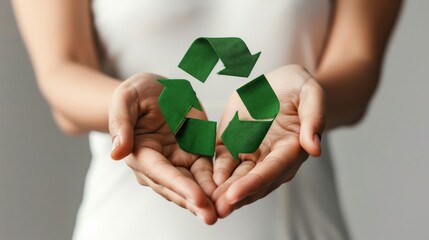 Close-up of hands holding a green recycling symbol, promoting environmental conservation, sustainability, and eco-friendly practices.