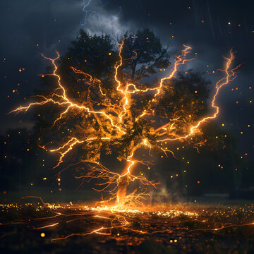 A tree standing in forest being struck by lightining , sparks shooting through tree