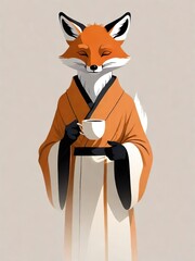 Obraz premium Morning fox with a cup of coffee, cute animal, morning routine, woodland creature, coffee lover