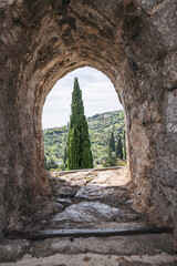Obraz premium A tree is visible through a small opening in a stone fortress wall in Montenegro, Bar. The tree is tall and green, and it is surrounded by a rocky landscape.