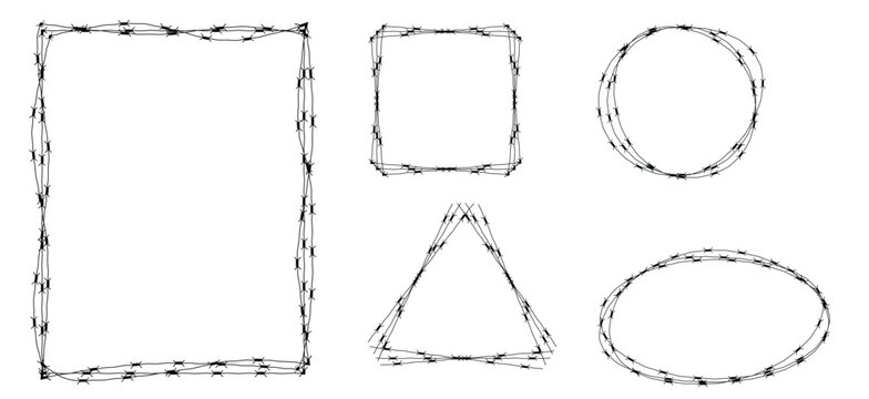 Barbed Wire Frames Set Isolated on White. Restricted area or prison wall concept.