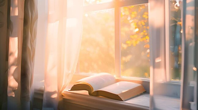 Open a book on the windowsill with the gentle morning sunlight coming in through the window, creating a peaceful and serene reading environment.