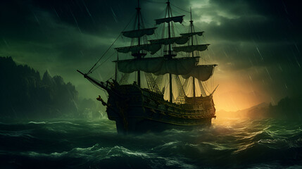 Obraz premium A pirate ship sailing through the sea in a dark fantasy atmosphere. 