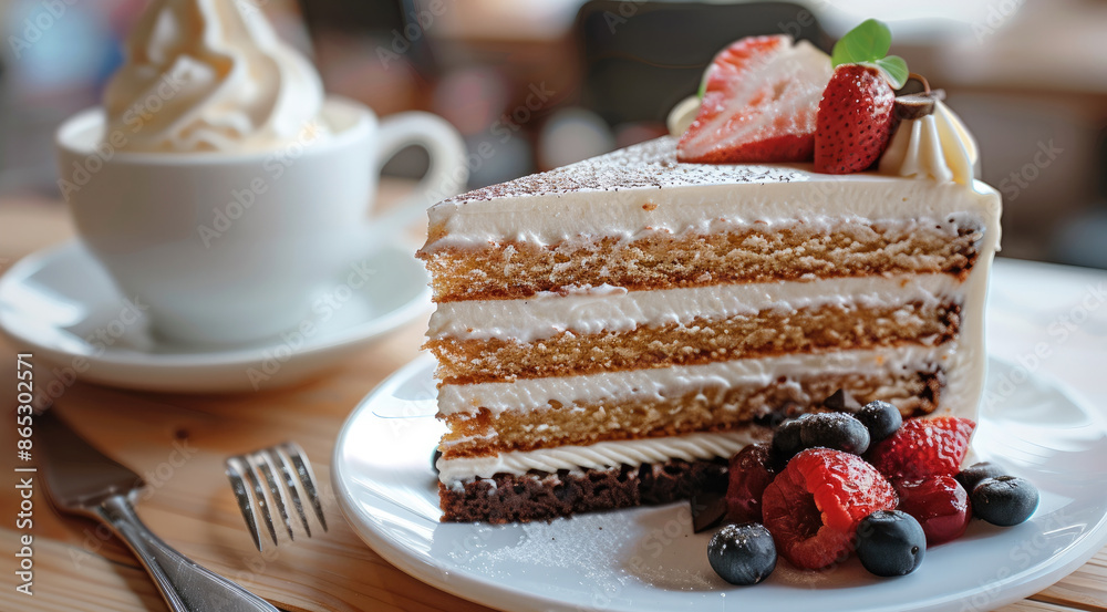 Poster a cup of coffee with a slice of cake. generative ai.
