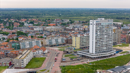 Aerial drone photo of the beach, boulevard and restaurants in the coastal town named Zandvoort in...