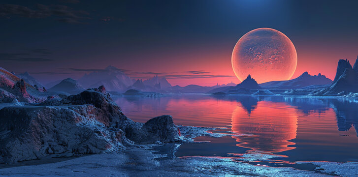 Alien planet landscape with a huge moon, red glowing sky and dark rocky mountains