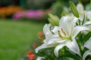 Fototapeta premium A serene garden filled with elegant lilies, perfect for a banner with ample copy space