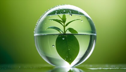A glass sphere filled with water, reflecting a green plant and surrounded by water droplets on a blurred green background