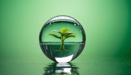 A glass sphere filled with water, reflecting a green plant and surrounded by water droplets on a blurred green background
